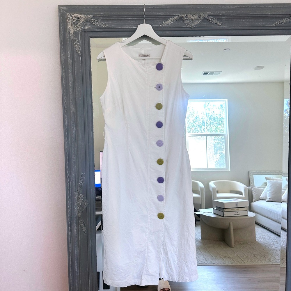 Vintage 90s Eva Mendes Mod Linen White Sleeveless Button Front Sheath Dress 4‎
